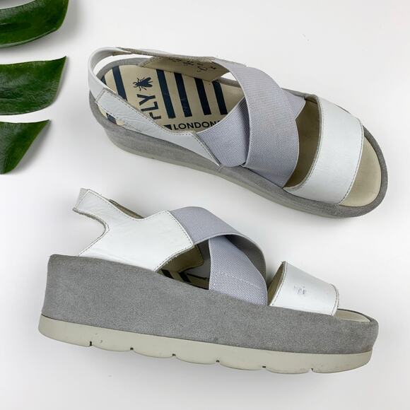 Fly London Bime Slingback Platform Wedge Sandals White Grey Women's 38 US 7.5 8 - Picture 1 of 14